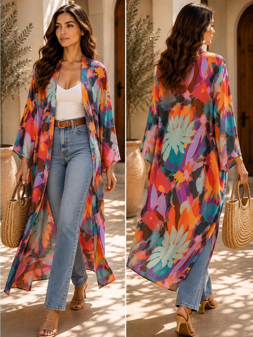 Colorful Abstract Floral Kimono Duster M/L | Long Sleeve